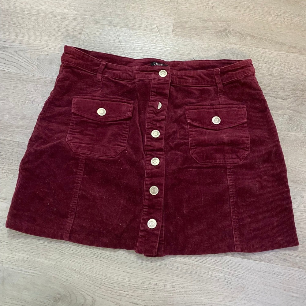rue21 Corduroy Mini Skirt‎ Womens XL Burgundy Button Front Flap Pockets A-Line